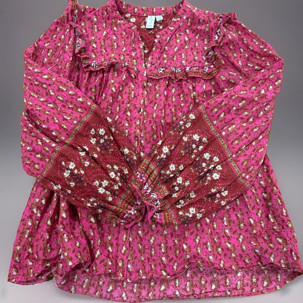 Joie Sz Large Cotton Blouse Top Pink Button Down Long Sleeve Peasant Boho